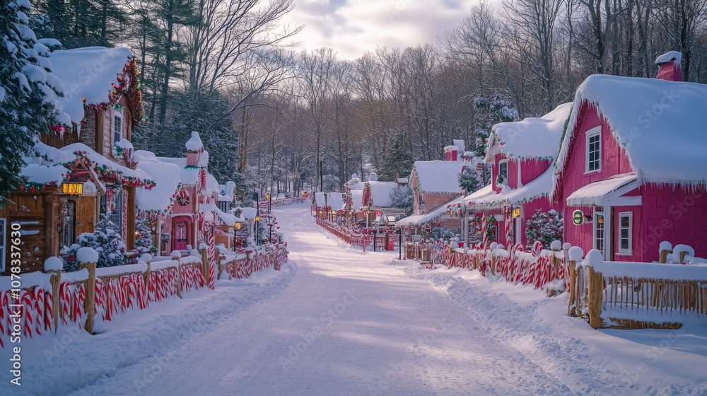 Naklejka premium Snowy Village Street Decorated with Candy Canes and Christmas Lights