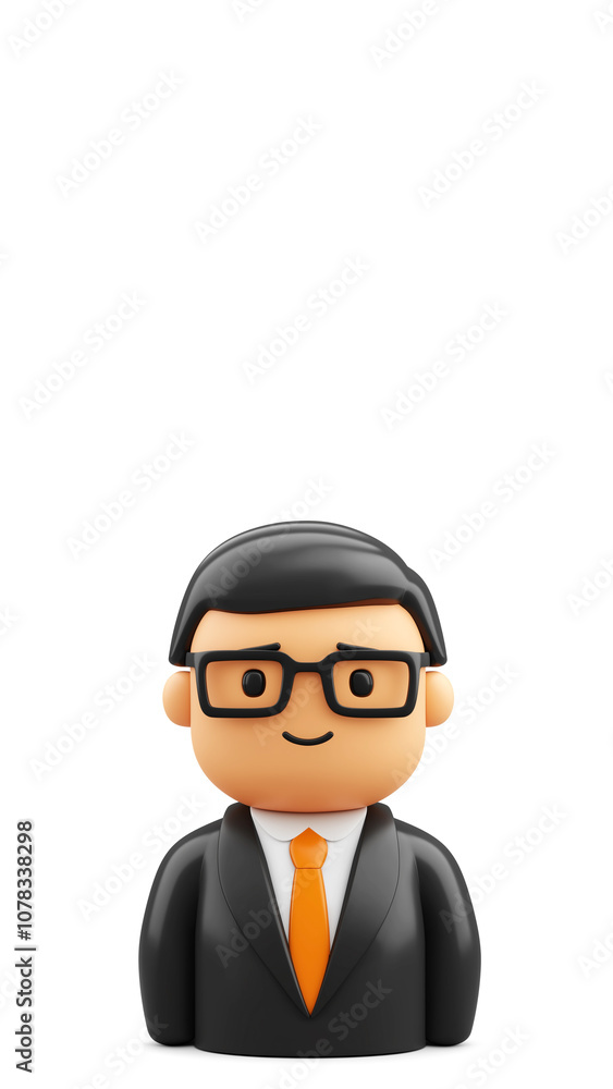 Administrator, 3D icon illustration, smiling, black suit, tie, eyeglasses, isolated on white background, design concept and education material. Copy space, aspect ratio 9:16 Administrator, 3D icon illustration, smiling, black suit, tie, eyeglasses, isolated on white background, design concept and education material. Copy space, aspect ratio 9:16