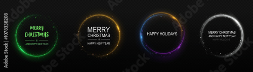 Merry Christmas and Happy new year background. Realistic neon glowing round frame. Holiday banner with discount. Light neon round frame. Neon line light curve effect. Glowing blue circle.