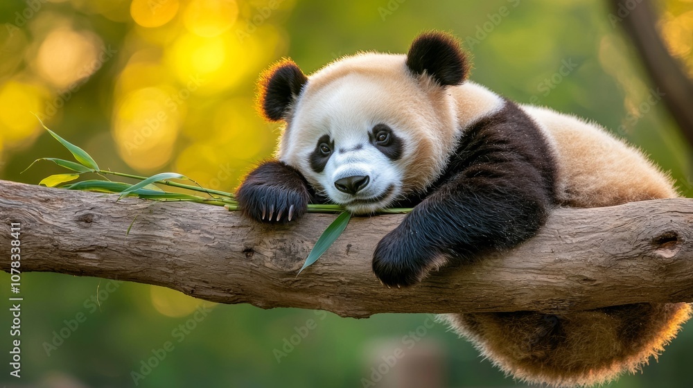 A cute panda rests on a branch, munching on bamboo, surrounded by lush greenery and soft golden light. A cute panda rests on a branch, munching on bamboo, surrounded by lush greenery and soft golden light.