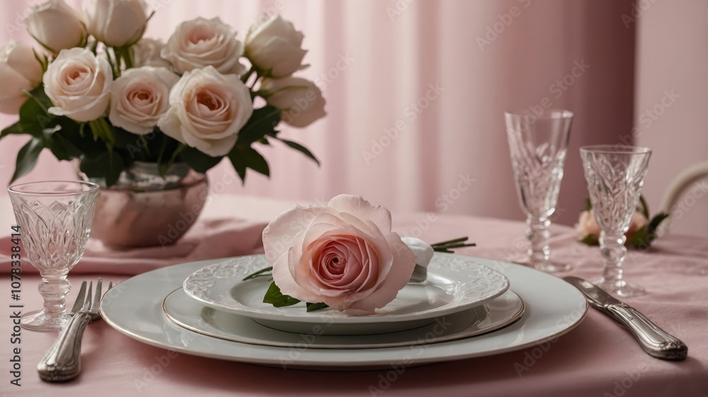Elegant dinner setting with pink flowers and silverware Elegant dinner setting with pink flowers and silverware