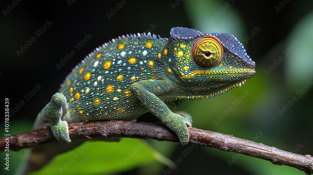 Fototapeta premium Colorful chameleon perched on a branch in a lush environment.