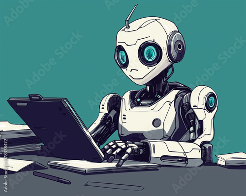 Futuristic Learning: A Winsome Cyberpunk Robot Tutor on a Sapphire Background photo