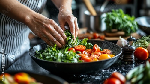 Woman's hands adding fresh vegetables to a bowl to make a healthy salad.