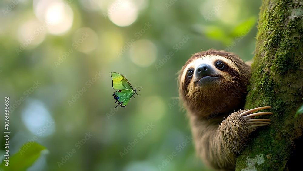A curious sloth looks up at a green butterfly flying near a mossy tree trunk.