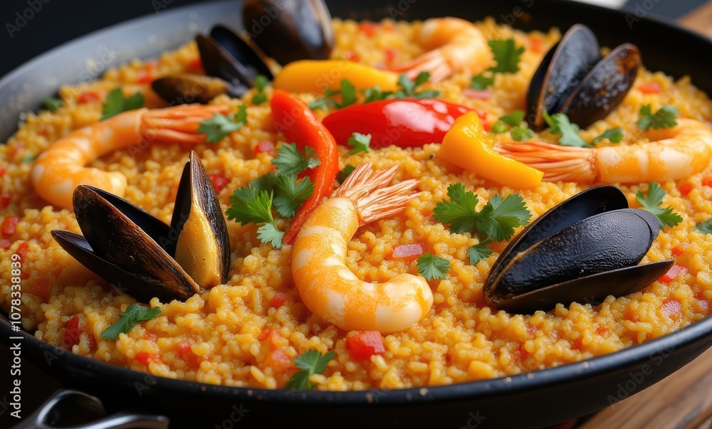 Delicious seafood paella with vibrant ingredients Delicious seafood paella with vibrant ingredients