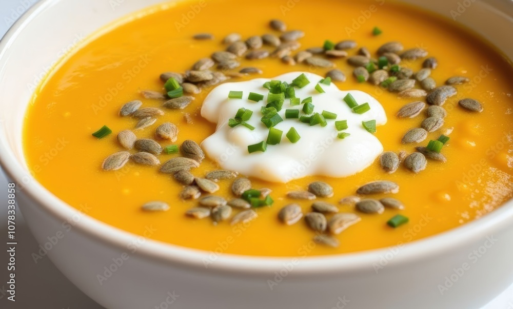 Delicious pumpkin soup with toppings Delicious pumpkin soup with toppings