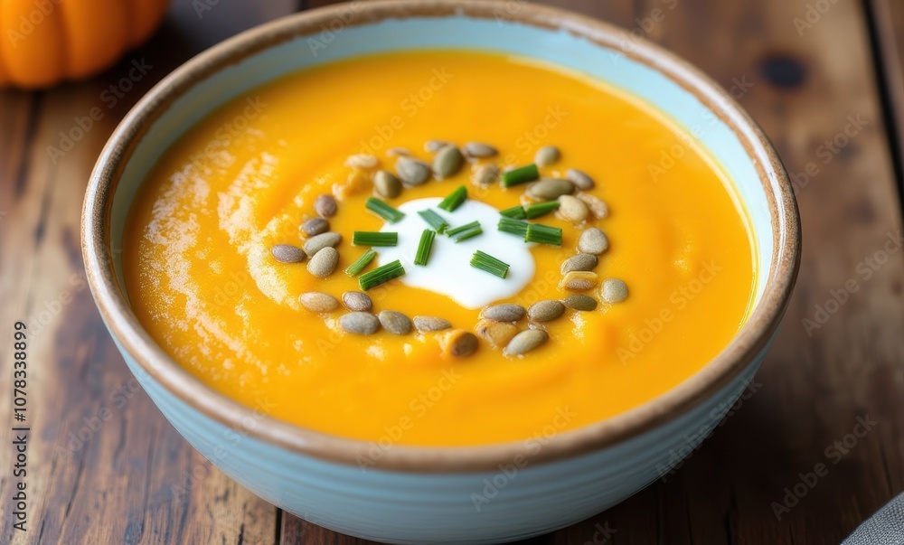 Creamy pumpkin soup with toppings Creamy pumpkin soup with toppings
