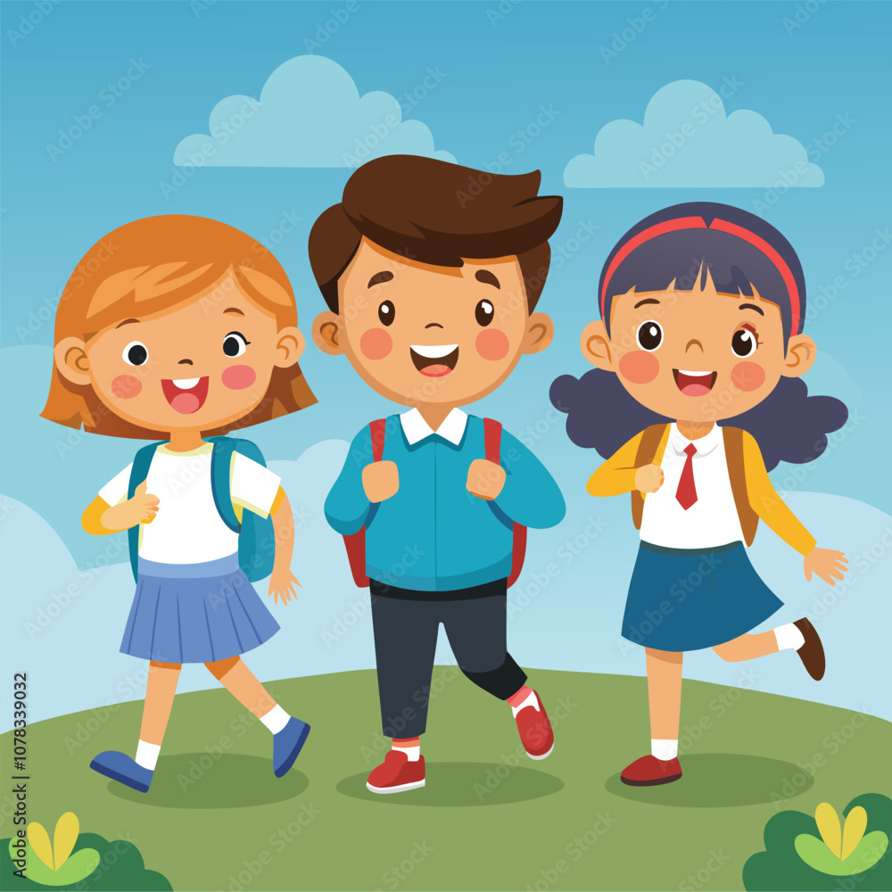 Three School Kid Happily Going Their School Vector Three School Kid Happily Going Their School Vector