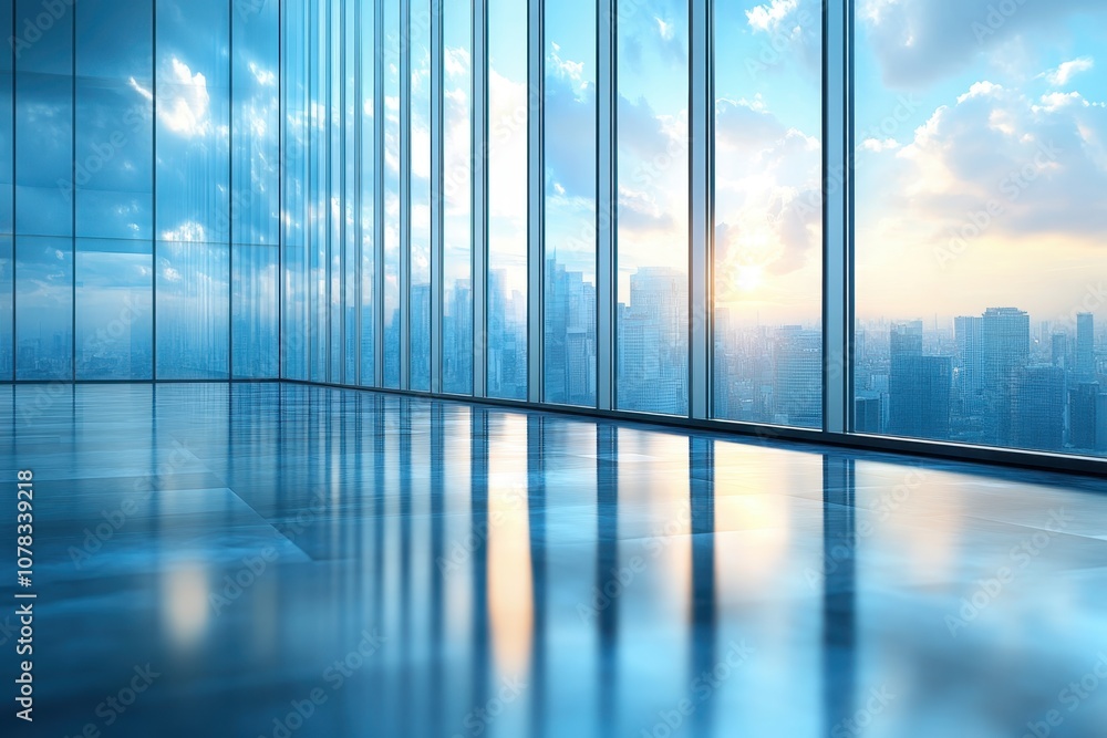Modern office interior featuring large glass windows with a city skyline at sunset Modern office interior featuring large glass windows with a city skyline at sunset