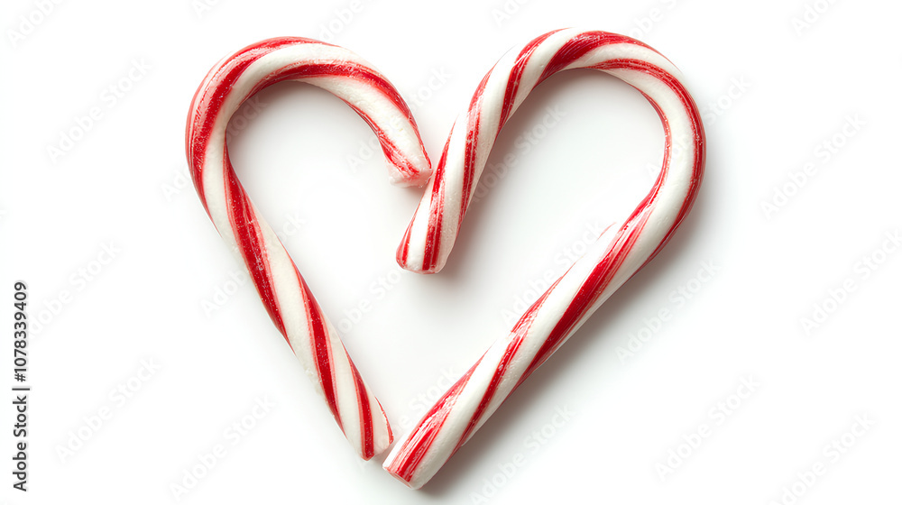 Two red and white candy canes crossed to form a heart shape, representing love and holiday cheer. Isolated on white background Two red and white candy canes crossed to form a heart shape, representing love and holiday cheer. Isolated on white background