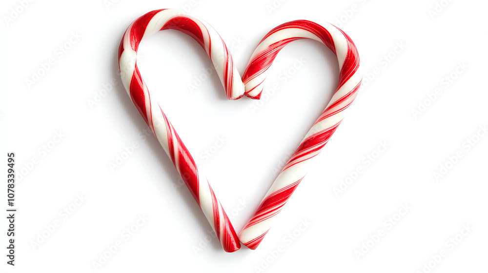 Two red and white candy canes crossed to form a heart shape, representing love and holiday cheer. Isolated on white background Two red and white candy canes crossed to form a heart shape, representing love and holiday cheer. Isolated on white background