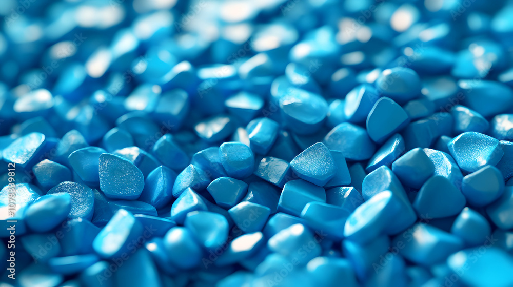 Closeup of blue plastic polypropylene granules, masterbatch polymer grain with shallow dof. HDPE or PVC resin pellets. 3d render illustration
Closeup of blue plastic polypropylene granules, masterbatch polymer grain with shallow dof. HDPE or PVC resin pellets. 3d render illustration