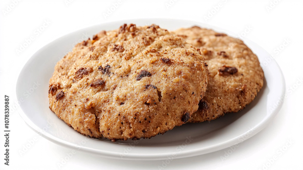 Two delicious, golden-brown cookies with a crumbly texture sit on a white plate, inviting you to enjoy their sweet flavor. Two delicious, golden-brown cookies with a crumbly texture sit on a white plate, inviting you to enjoy their sweet flavor.
