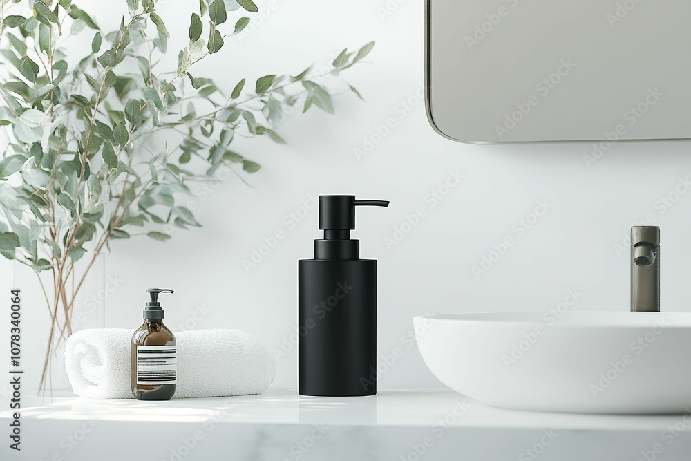 Bathroom with black soap dispenser, sink and towel. Bathroom with black soap dispenser, sink and towel.