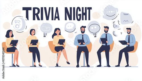 Illustration of people seated with notebooks under 