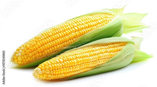 A stack of two yellow corn cobs, isolated on a clean white background, focusing on kernel detail.