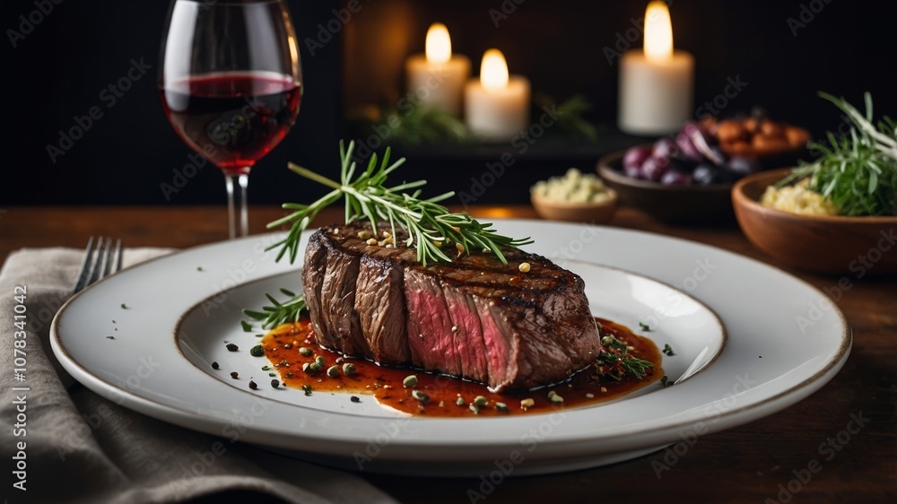 Elegant gourmet steak dinner with wine and herbs Elegant gourmet steak dinner with wine and herbs