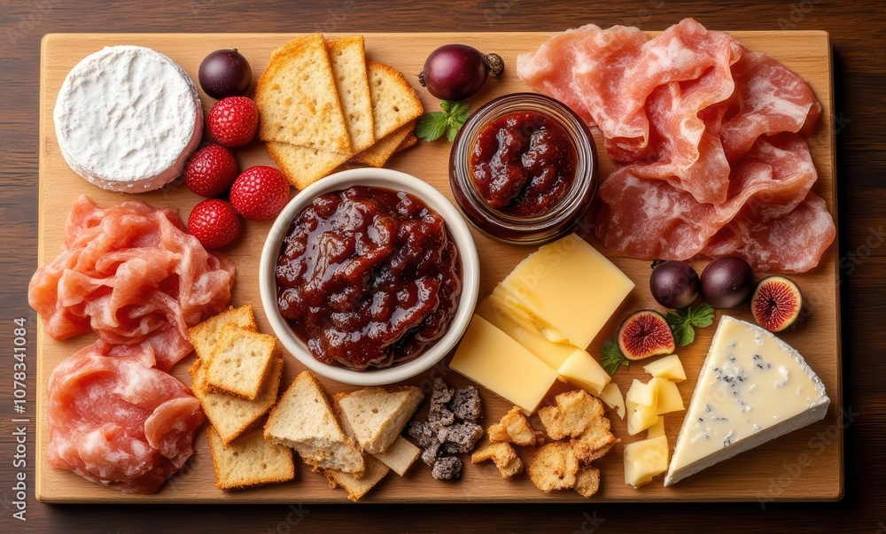 Delicious charcuterie board with assorted foods Delicious charcuterie board with assorted foods