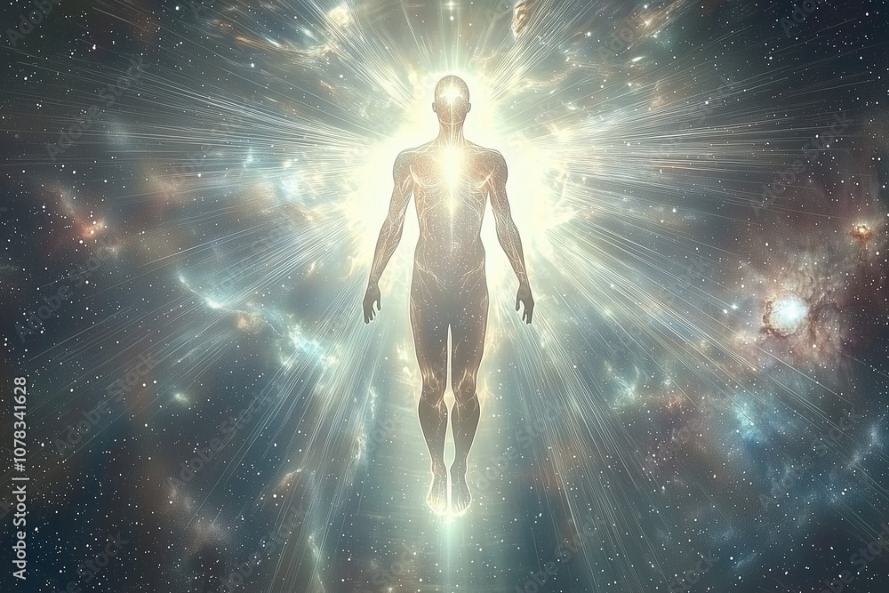 A luminous figure ascending toward light or cosmic realms, symbolizing personal growth, spiritual awakening, and connection with the higher self. Ideal for content on self-development, enlightenment,