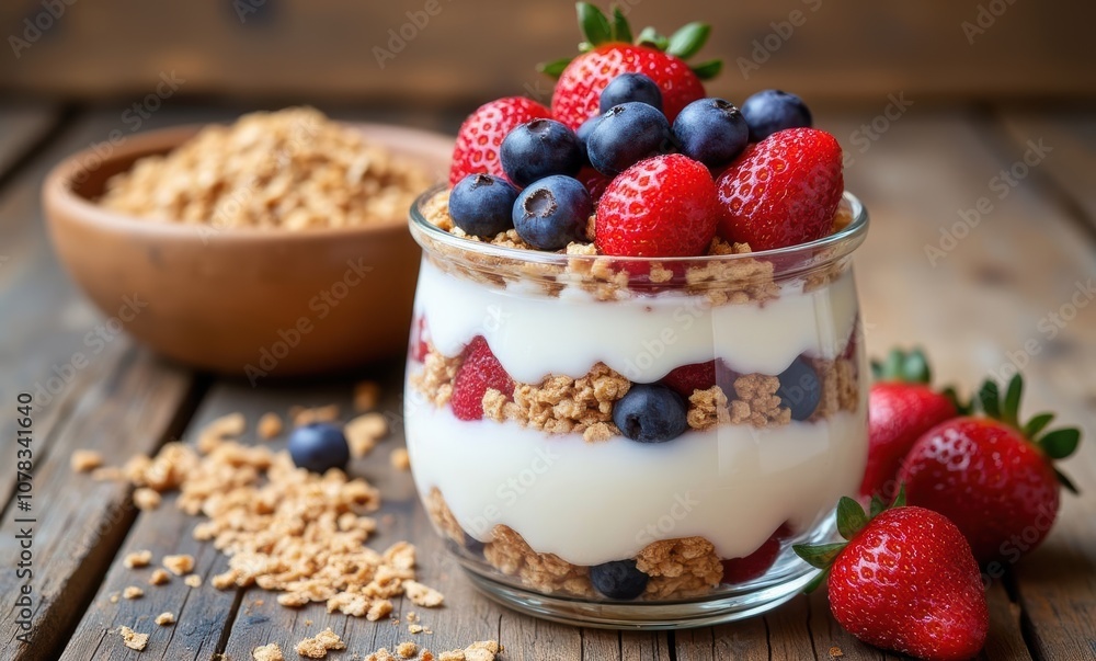 Delicious yogurt parfait with fresh berries Delicious yogurt parfait with fresh berries