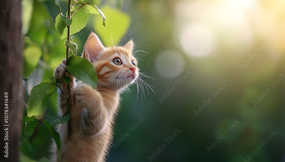 A cute ginger kitten climbs a branch in a garden, looking up with curiosity. A cute ginger kitten climbs a branch in a garden, looking up with curiosity.