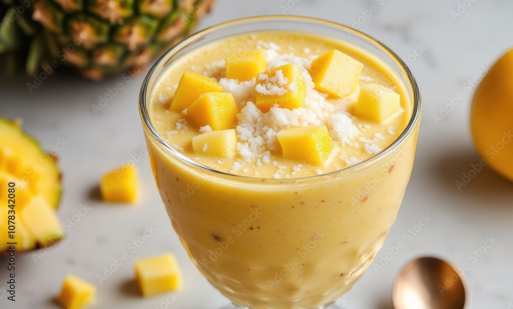 Delicious tropical mango smoothie with toppings Delicious tropical mango smoothie with toppings