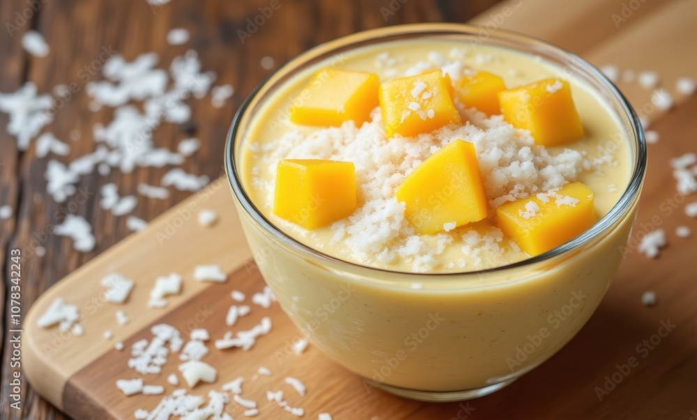 Delicious mango dessert with coconut topping Delicious mango dessert with coconut topping