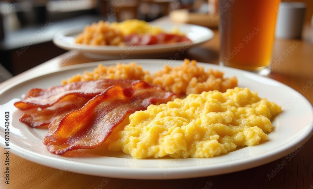 Delicious breakfast with bacon and scrambled eggs Delicious breakfast with bacon and scrambled eggs