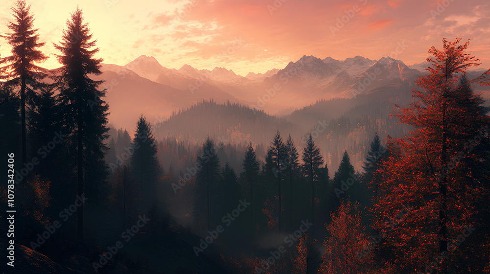 View of the autumn forest in mountains on sunset