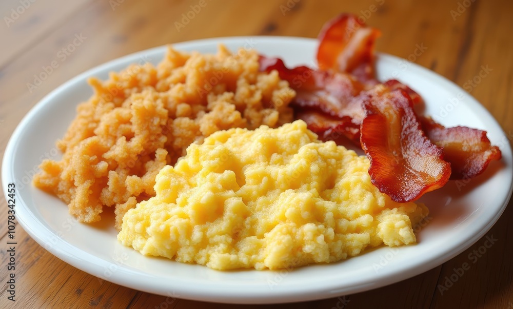 Delicious breakfast plate with bacon and grits Delicious breakfast plate with bacon and grits