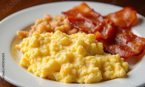 Breakfast platter with scrambled eggs and bacon