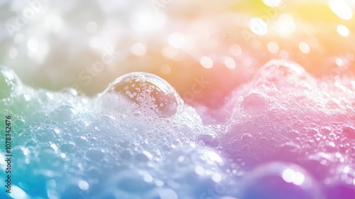 A thick layer of detergent foam bubbles on water, capturing the vibrant shine and iridescent colors in a bright, well-lit scene