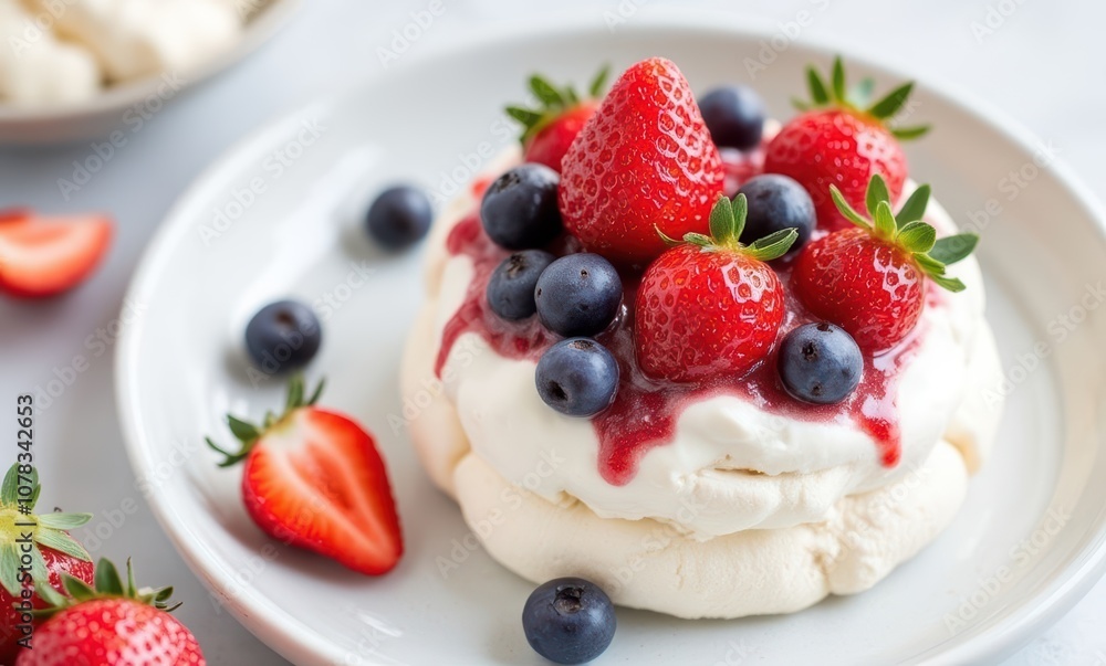Delicious pavlova topped with berries Delicious pavlova topped with berries