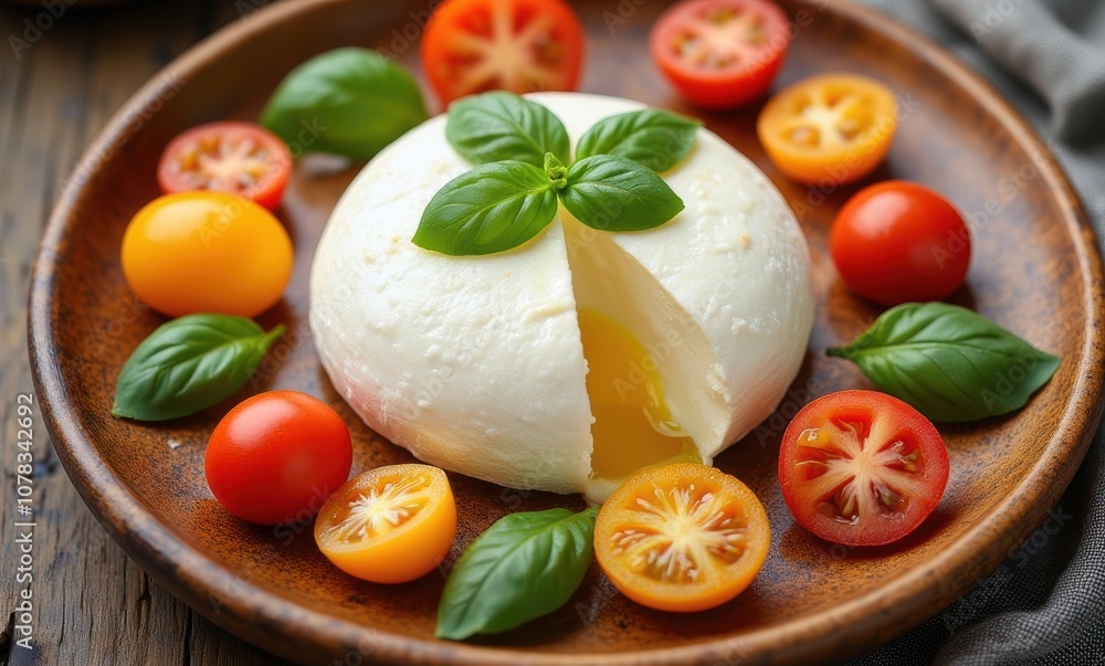 Fresh mozzarella with colorful cherry tomatoes Fresh mozzarella with colorful cherry tomatoes