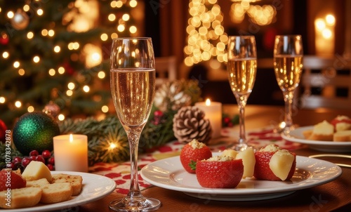 Festive holiday table setting with sparkling drinks