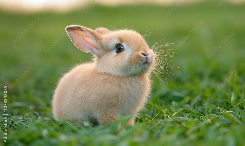 A cute little bunny rabbit sits in a lush green field of grass. A cute little bunny rabbit sits in a lush green field of grass.