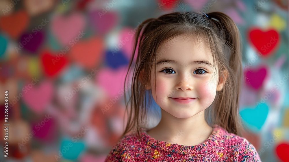 A smiling young girl with rosy cheeks stands in front of a wall of colorful hearts. A smiling young girl with rosy cheeks stands in front of a wall of colorful hearts.
