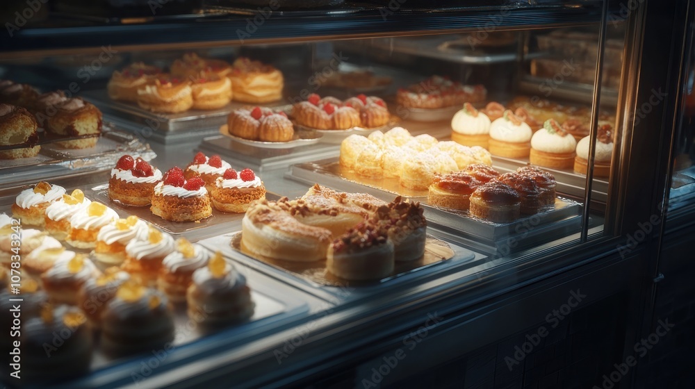 Assortment of Delicious Pastries in a Display Case Assortment of Delicious Pastries in a Display Case