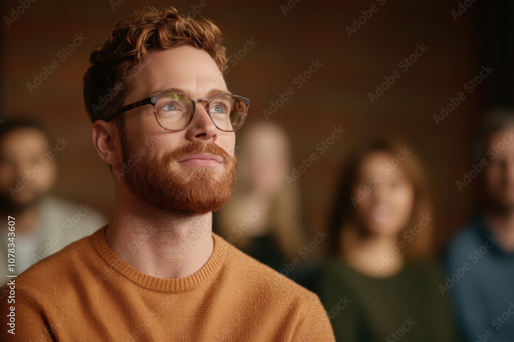 Fototapeta premium A focused man with glasses in a brown sweater, listening attentively in a group setting.