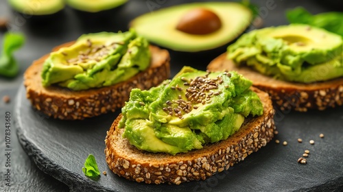 Three slices of avocado toast with chia seeds on top.