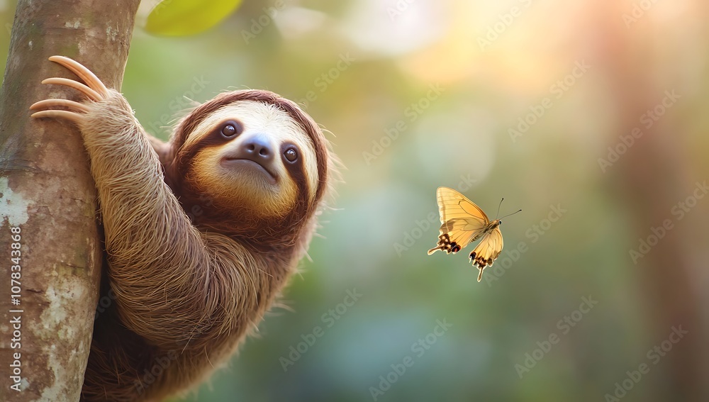 A cute sloth hanging on a tree branch with a butterfly flying nearby. A cute sloth hanging on a tree branch with a butterfly flying nearby.