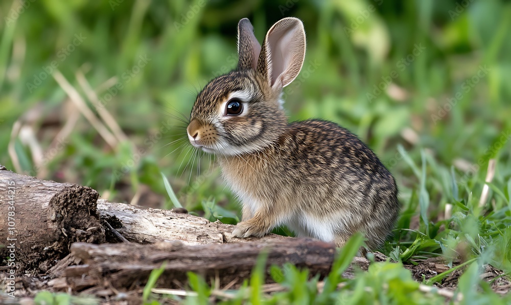 A cute, small, brown rabbit with white belly sits on a piece of wood in a grassy area. A cute, small, brown rabbit with white belly sits on a piece of wood in a grassy area.