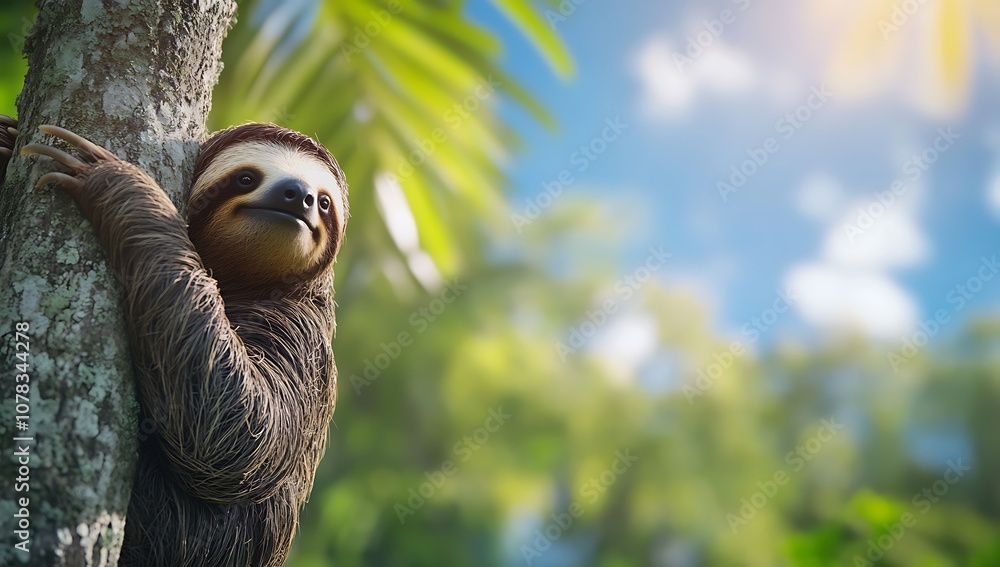 Obraz premium A cute sloth hanging on a tree trunk in a tropical rainforest with a bright blue sky and sun in the background.