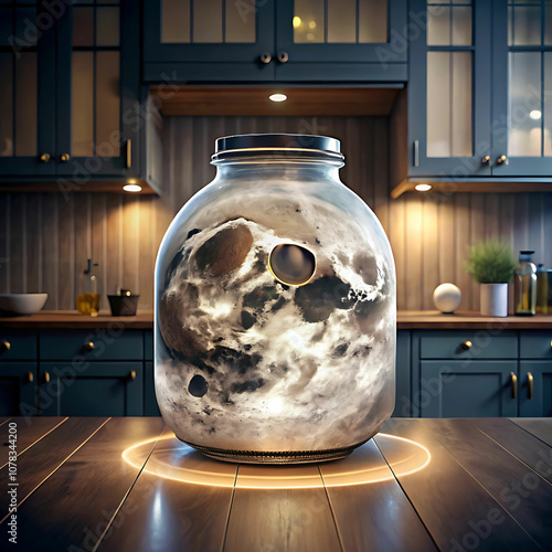 Moon in glass jar rustic kitchen surreal fantasy concept