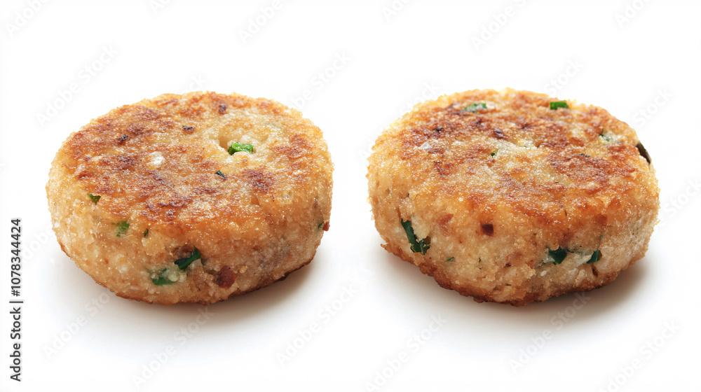 Two golden-brown fritters with a crispy exterior, showcasing a round shape and flecks of green herbs. Two golden-brown fritters with a crispy exterior, showcasing a round shape and flecks of green herbs.