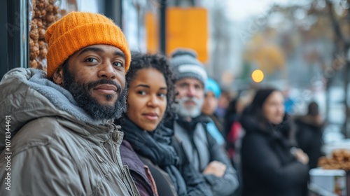 A diverse group of people stand in line in an urban setting, looking directly at the camera.