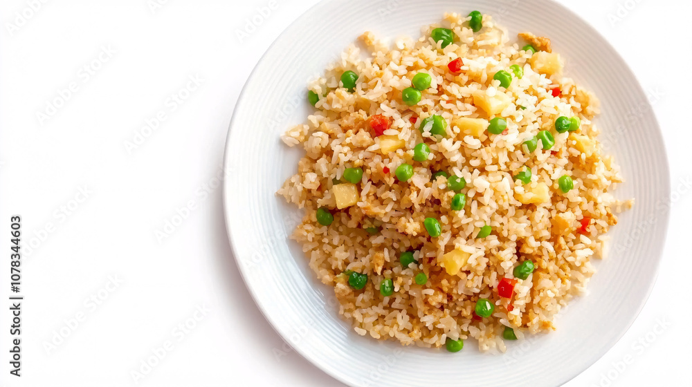 A colorful plate of fried rice featuring vegetables, showcasing a delicious and popular dish ideal for quick meals. A colorful plate of fried rice featuring vegetables, showcasing a delicious and popular dish ideal for quick meals.