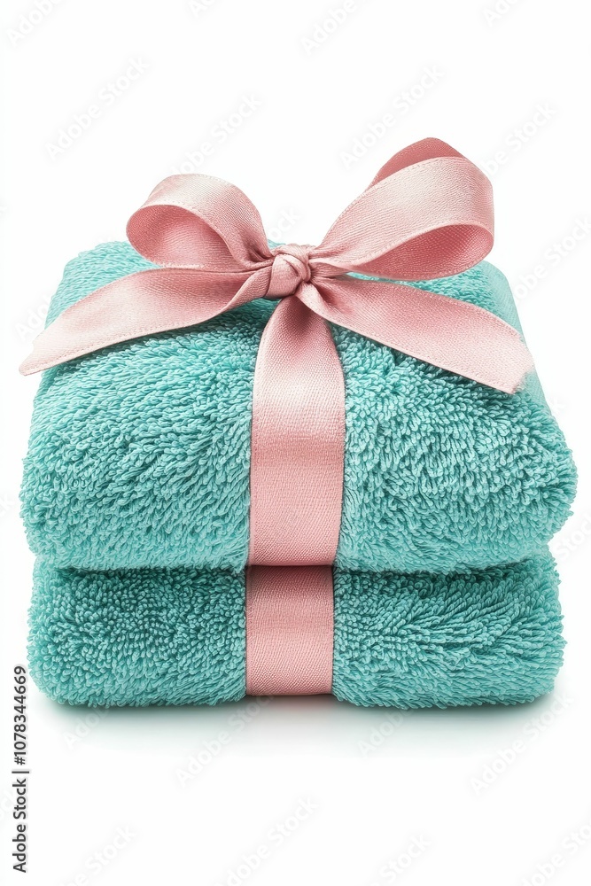 Two blue towels tied with pink ribbon. Two blue towels tied with pink ribbon.