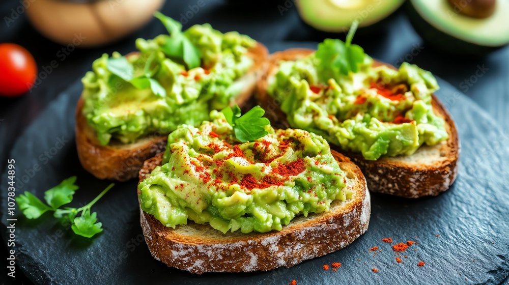 Three pieces of avocado toast with a sprinkle of paprika on top. Three pieces of avocado toast with a sprinkle of paprika on top.